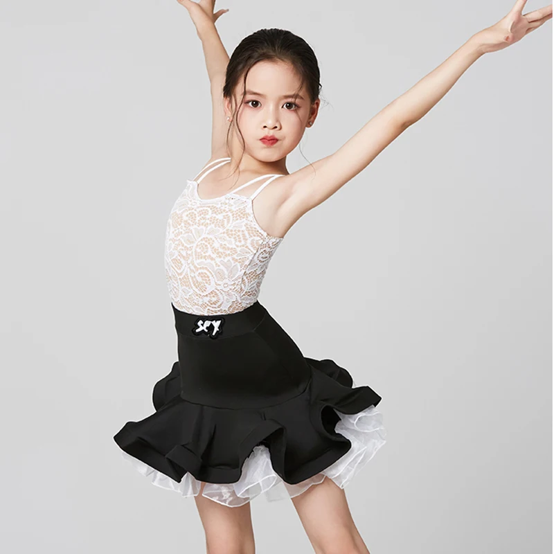 Lace Sleeveless Latin Dance Dress Girls Bodysuit with Pleated Skirt Hem Practice Performance Set Ballet Dancewear Costume
