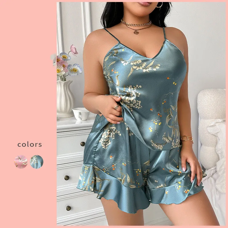 

Large-size printed ladies' pajamas fashion casual ice silk pajamas home clothes silk suspenders home clothes