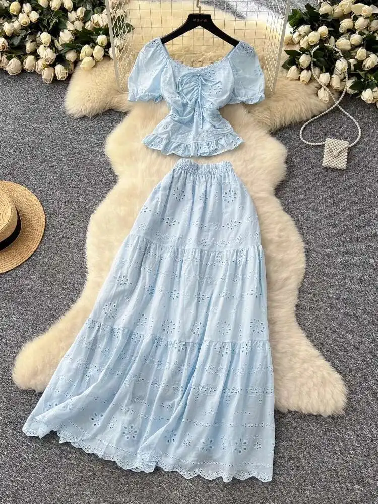 

French Style Elegant Two Piece Sets Women Square Neck Bubble Sleeve Shirt Top High Waist Hollow Embroidery A-line Long Skirt Set