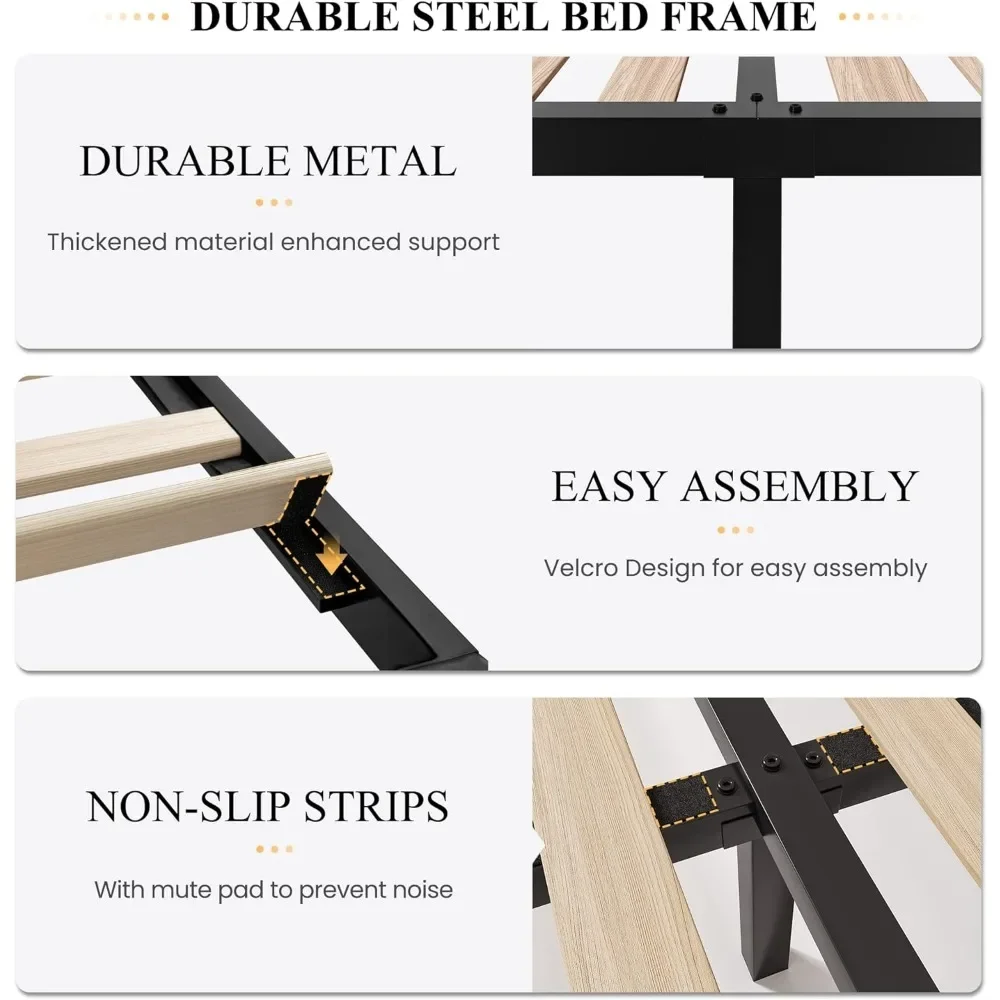 إطار سرير كبير مع لوح أمامي ناعم عالي ، هيكل معدني ، دعم لوح خشبي ، سهل التجميع ، صندوق زنبركي