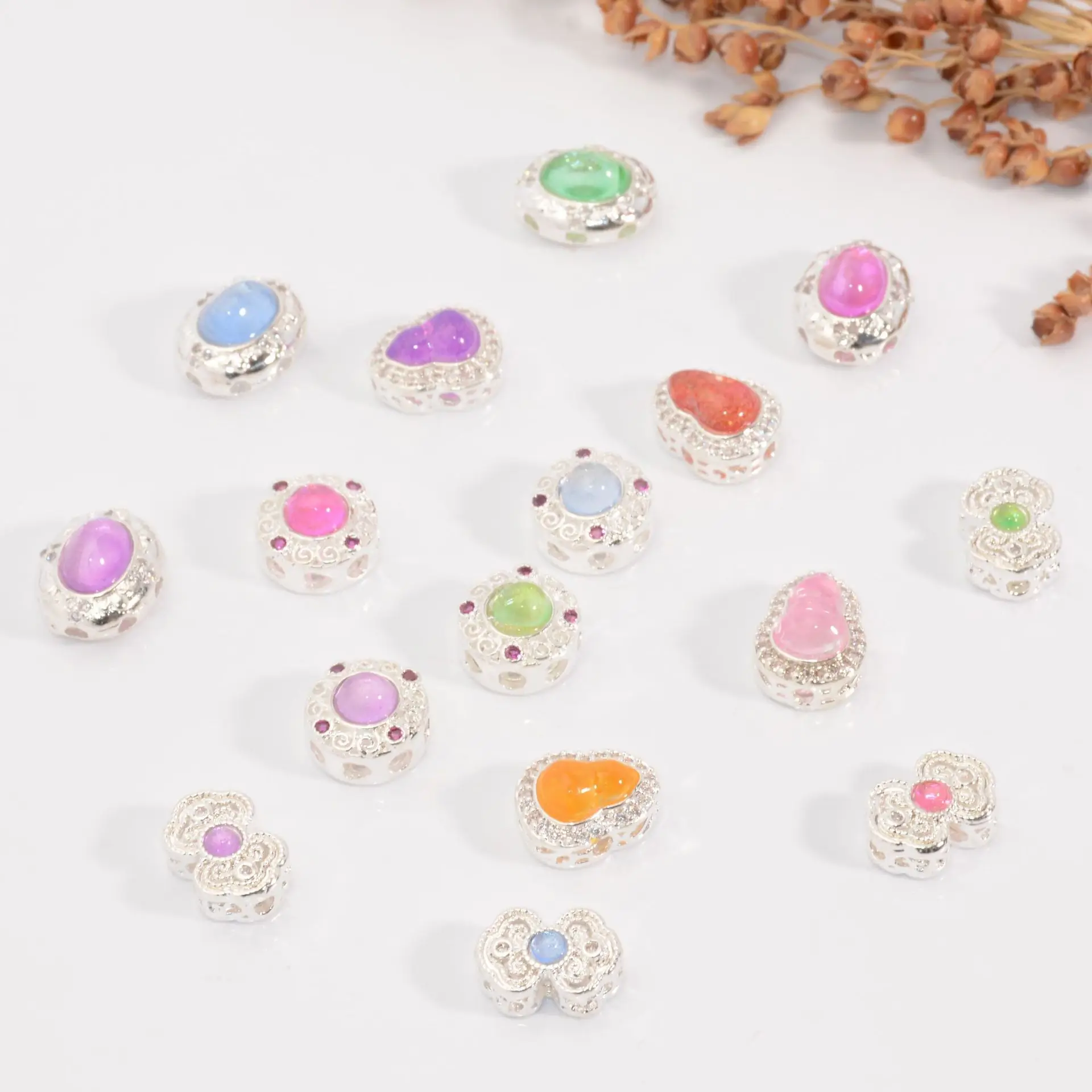 7 Pieces Jewelry Making Accessories Copper Silver Plated Inlaid with Moonstone Beads DIY Necklace Bracelet Material Wholesales