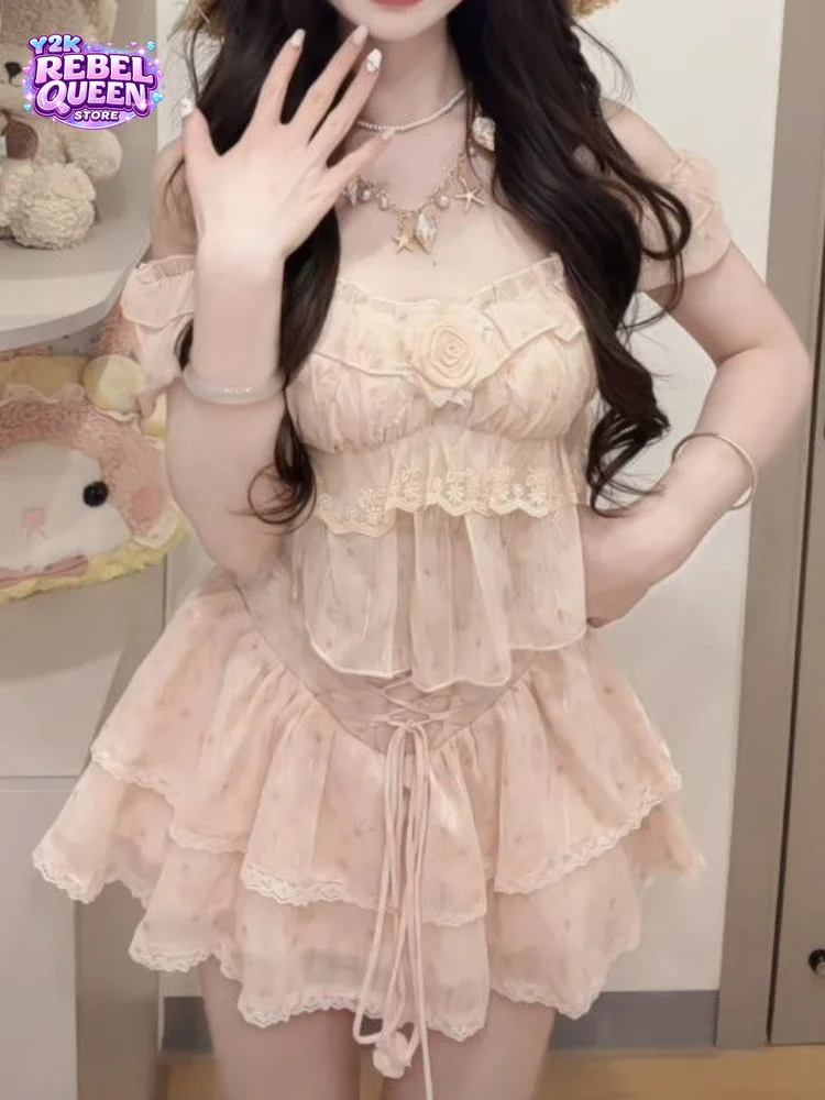 

Coquette French Floral Lace 2 Piece Set Women Off Shoulder Crop Top High Waist Drawstring Ruffle Mini Skirt Summer Casual Outfit
