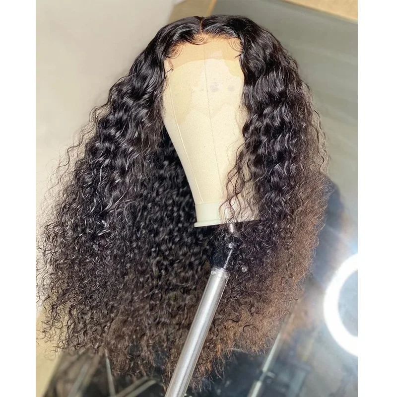 Peluca con malla frontal rizada para mujeres negras, pelo de bebé prearrancado, suave, largo, Natural, negro, 180 de densidad, 26 pulgadas