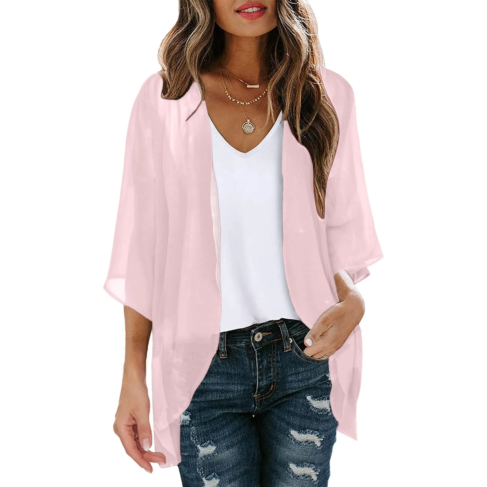 Womens Solid Elegant Puff Sleeve Chiffon Blouse Cardigan Loose Cover Up Casual Long Sleeve Tops Summer Plus Size Thin Tops