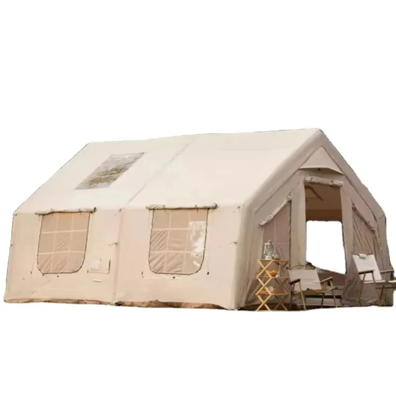 #￥Large Luxury Four-Season Double Layer Outdoor Camping Waterproof Durable Inflatable Tent Two Rooms Chimney Opening Tube Type
