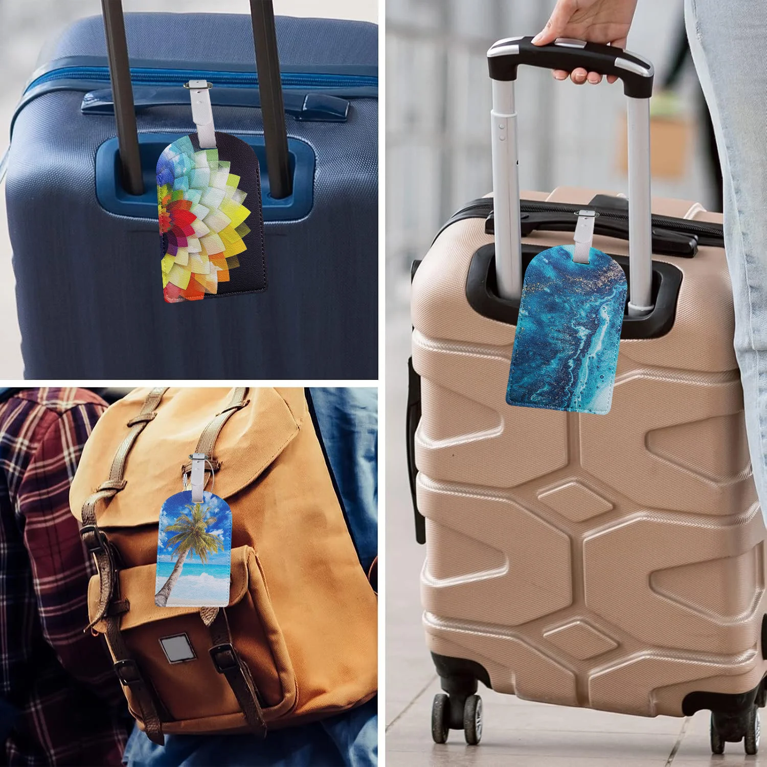 Étiquettes de bagage en marbre avec fleurs de paysage, étiquette de valise personnalisée, accessoires utiles de voyage en avion, couverture de confidentialité, étiquette de bagage