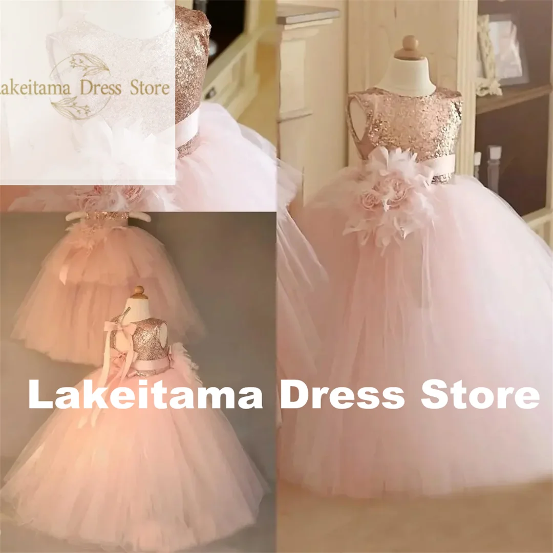 Customization Flower Girl Dress Luxurious Pink Sleeveless Tulle Lace Applique Weddings Kids Birthday Gift First Communion Gowns