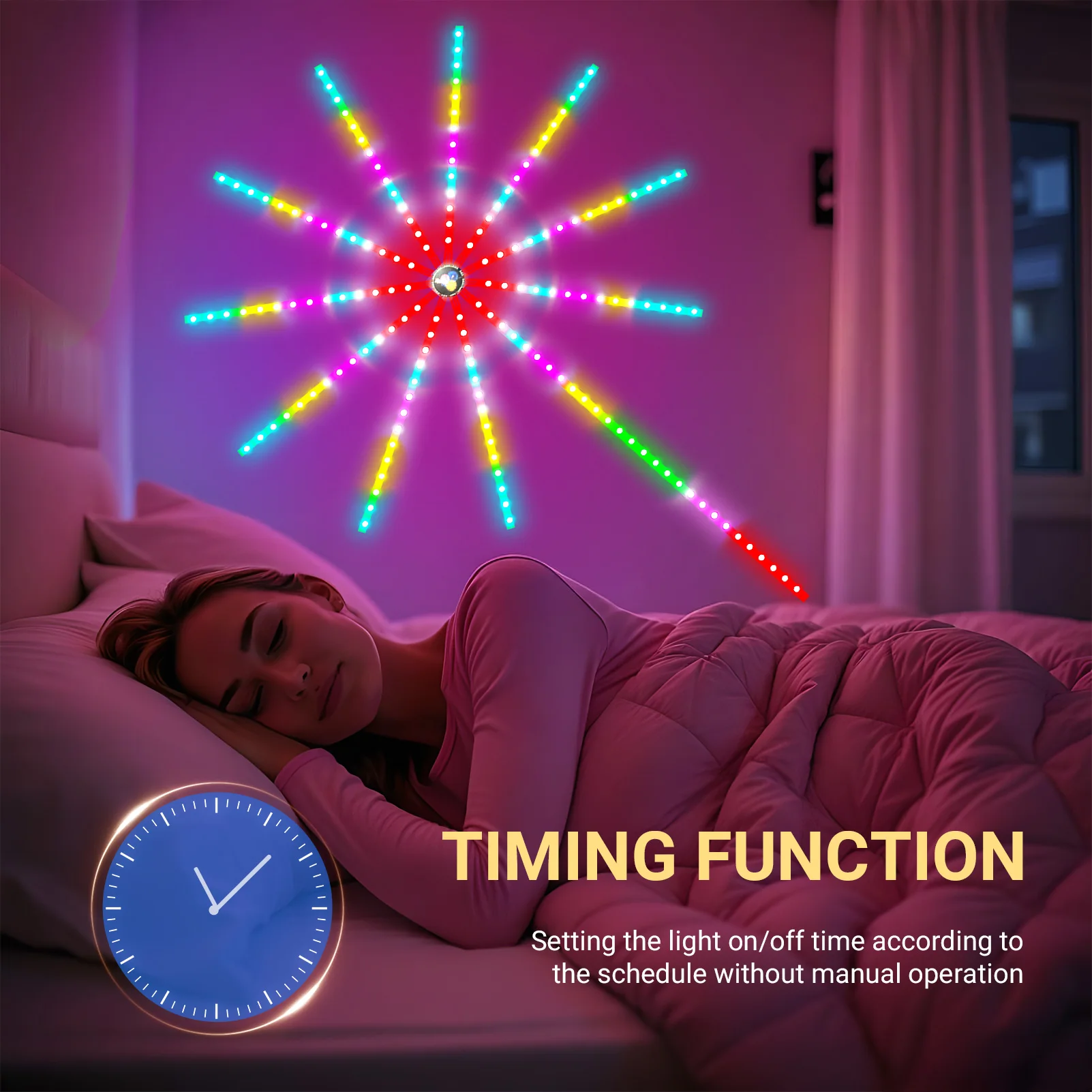 Luci LED per fuochi d'artificio intelligenti con telecomando e controllo tramite app, sincronizzazione del microfono musicale, cambio colore IC RGB per la decorazione di feste al coperto