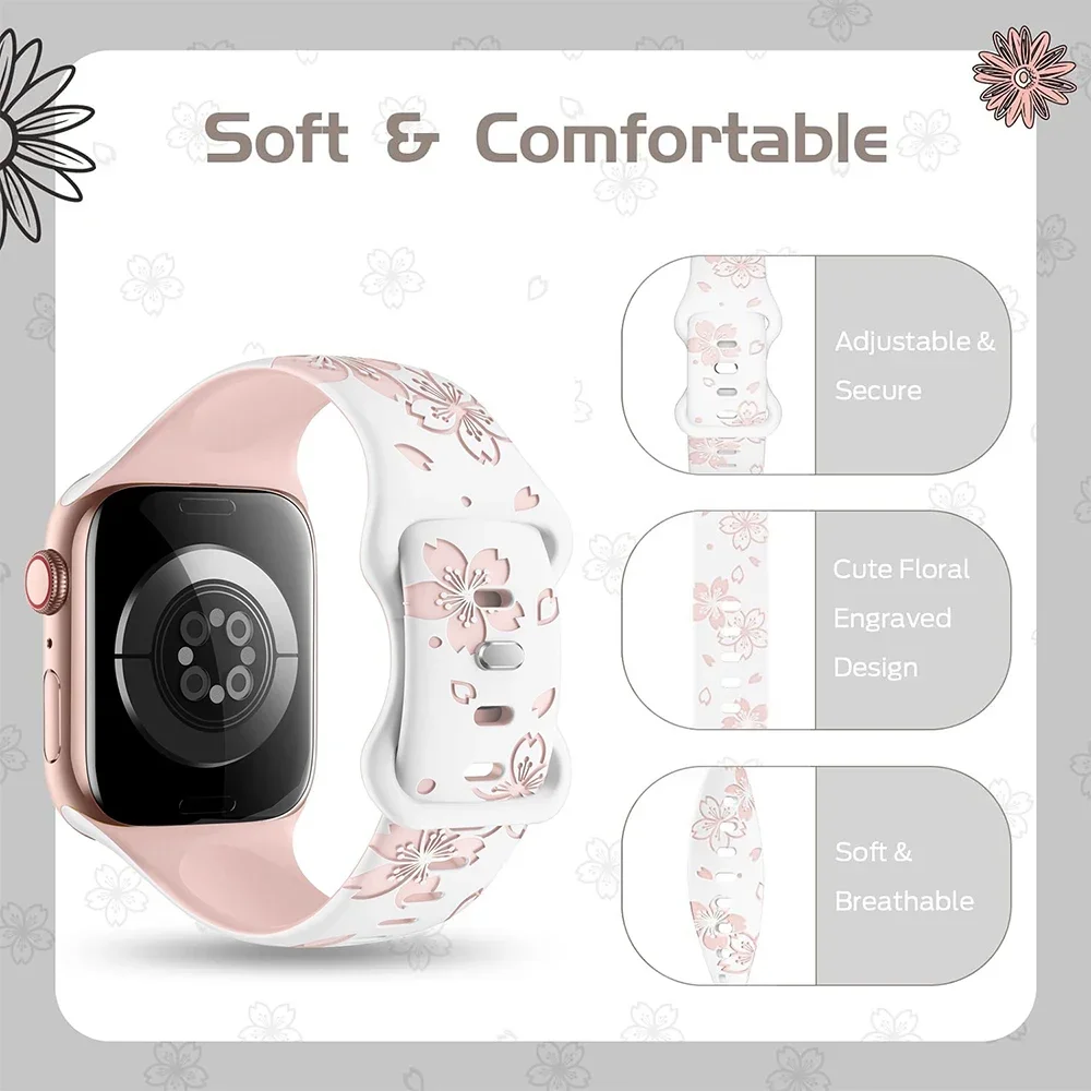 Silicone Band for Apple Watch Series 10 9 8 7 41mm 45mm 46mm Ultra 2 Two-Tone Engraved Floral Strap for iWatch 6 5 4 Se S10 42mm - Image 4