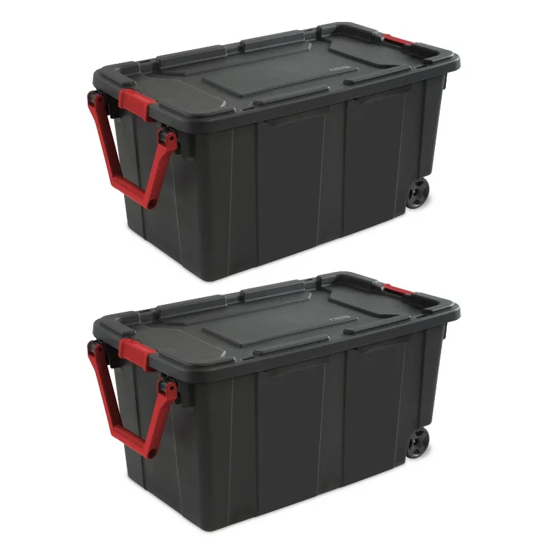 Sterilite 40 Gallon Wheeled Industrial Tote Plastic, Black, Set of