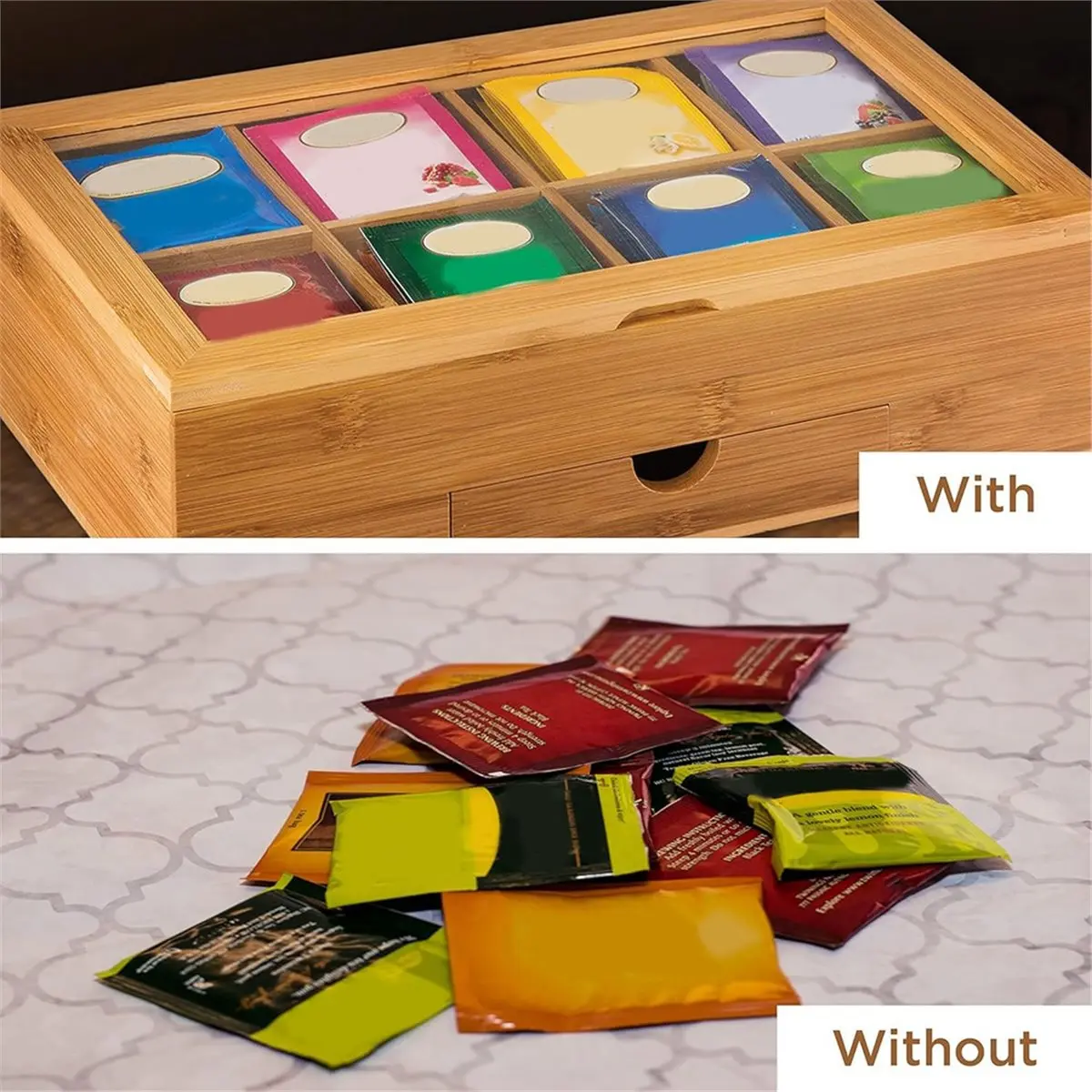 

Tea Bag Organizer - Bamboo Tea Box Storage with Drawer & Acrylic Window, Tea Organizer Holder, Tea Bag Holder
