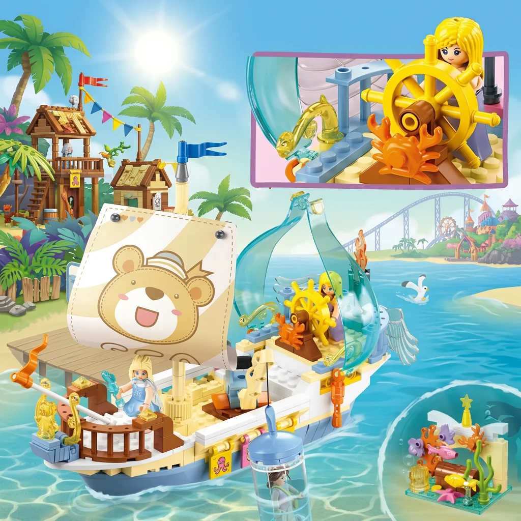 287PCS Sluban Metropolis Treasure Hunt Sailboat Building Blocks Idea Transparent Hull Adventure Boat With Figures Holiday Gift