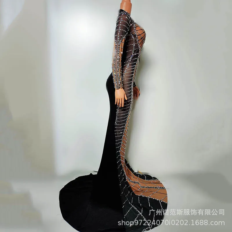 أزياء الماس سلسلة الراقية ذيل السمكة مساء اللباس الأسود الملابس العصرية المنصة أداء الملابس الراقية المطربين الإناث