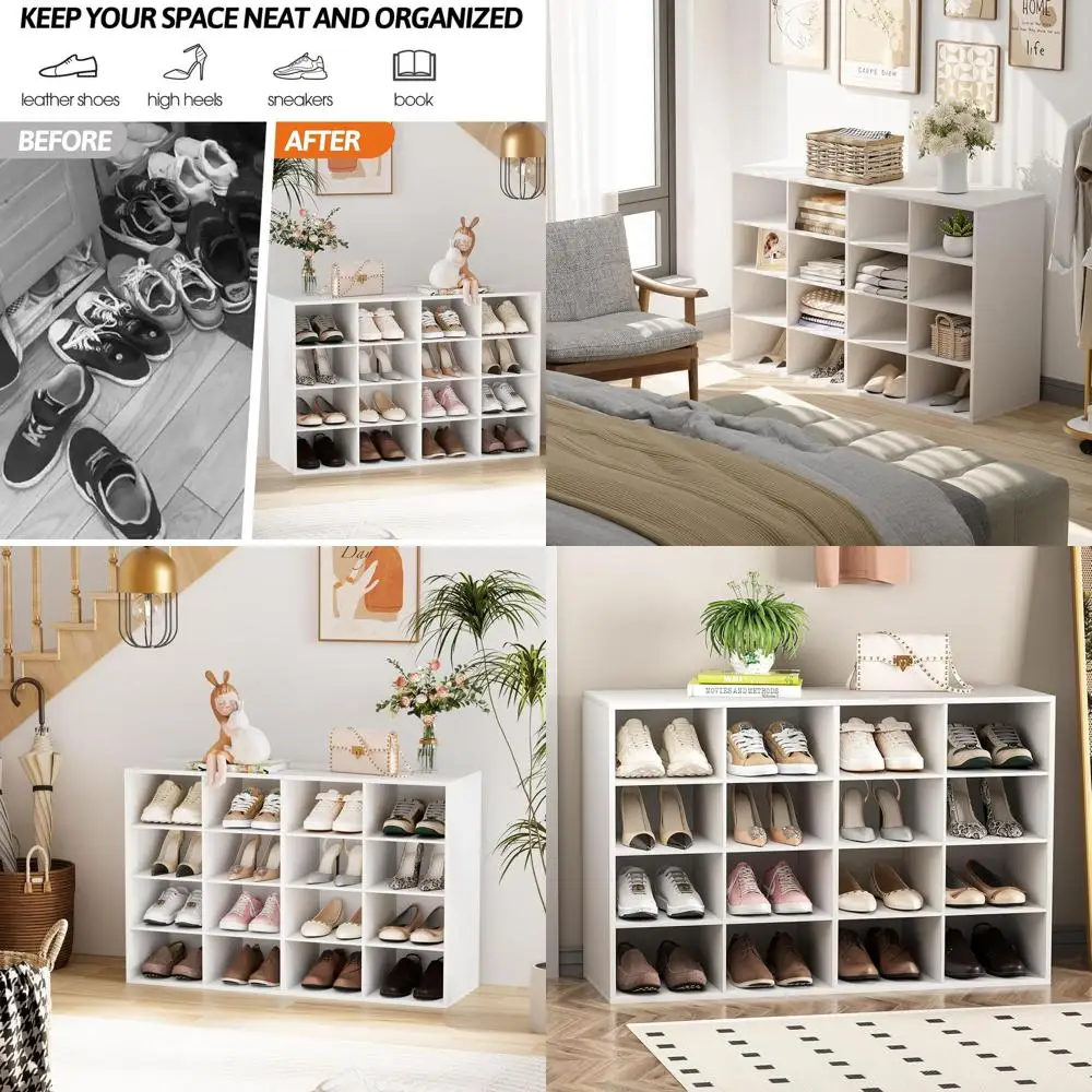 

Деревянная 4-х уровневая скамья для хранения обуви с 16 кубиками, белая, идеально подходит для прихожей, прихожей, шкафа и гаража