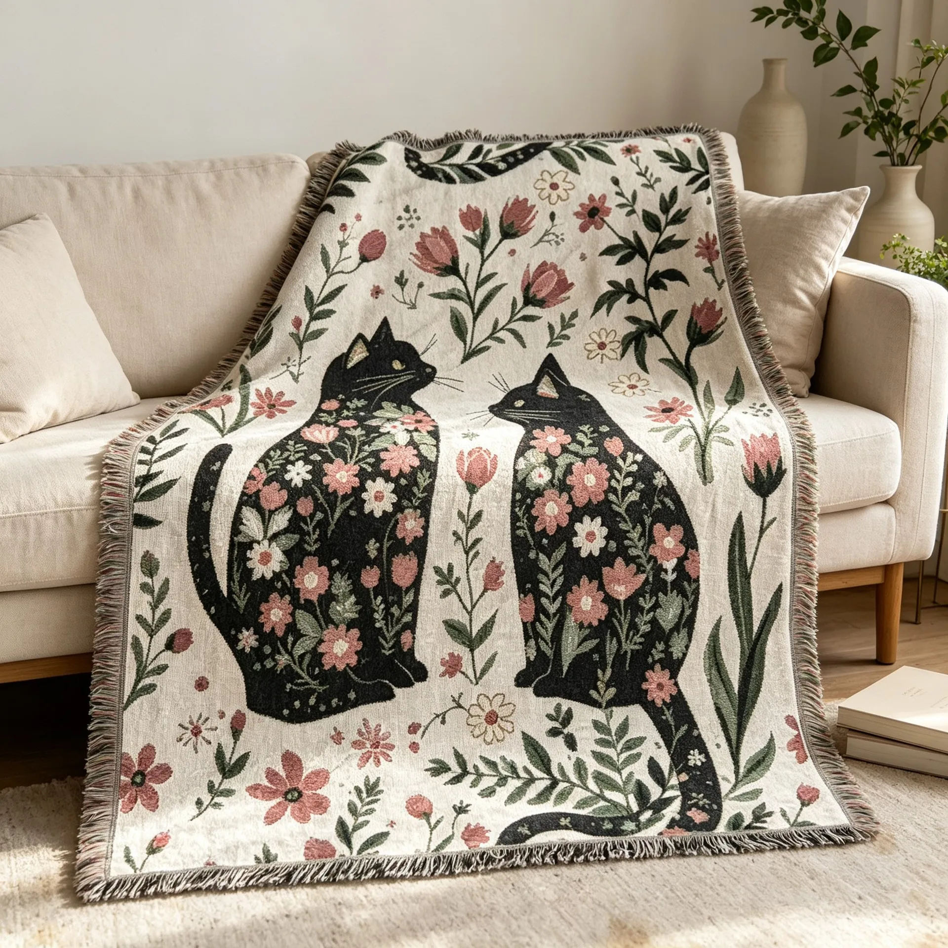 Cartoon Healing Flower Cat Woven Blanket Signle Sofa Towel Cover Wall Decor Hanging Tapestries Carpet Outdoor Camping Blanket