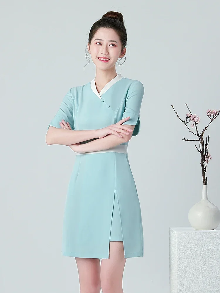 New beautician femininity workwear summer dress foot bath massage spa club health center 1 piece