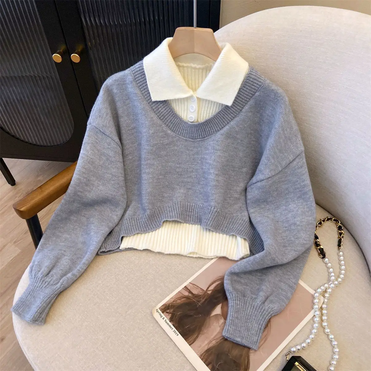 College style women's short POLO neck sweater 2026 autumn winter explosions pullover high waist two-piece Female knitwear top