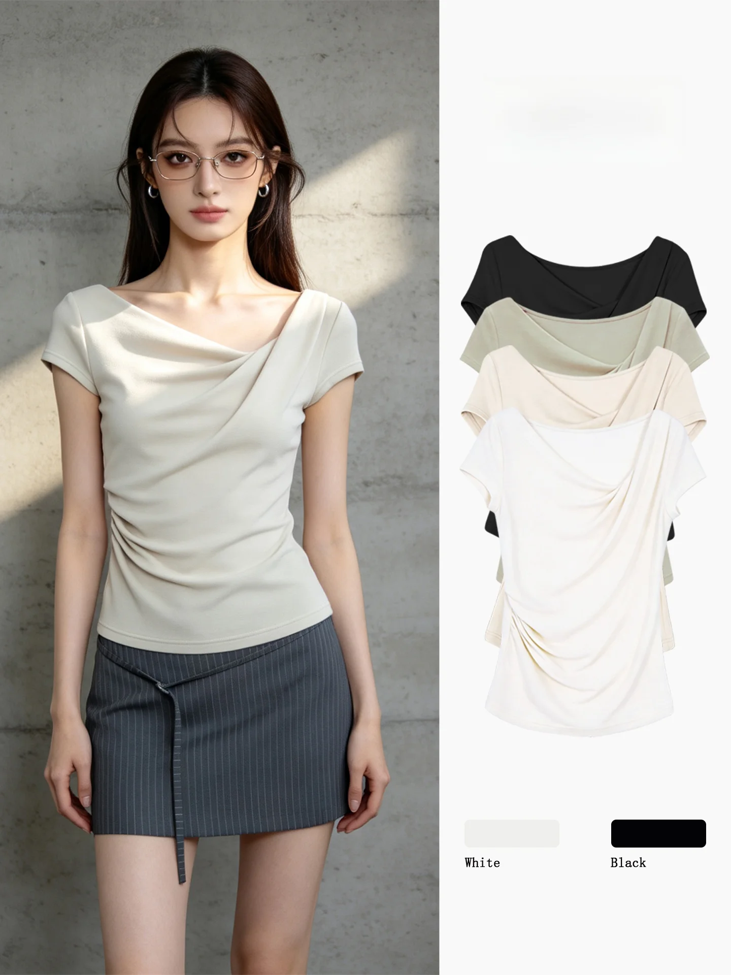 Casual Style Women's T-shirt Gathered Shoulder Short Sleeve Slimming Design Summer New Style Ruche Detail V-neck Top