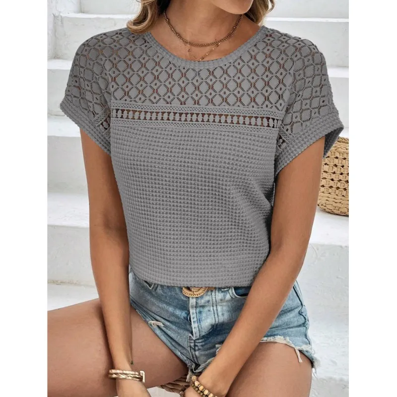 Women's Knitted Short Sleeve Top Summer Style Shoulder Mesh Hollow Breathable Round Neck Loose Versatile Short Sleeve T-shirt