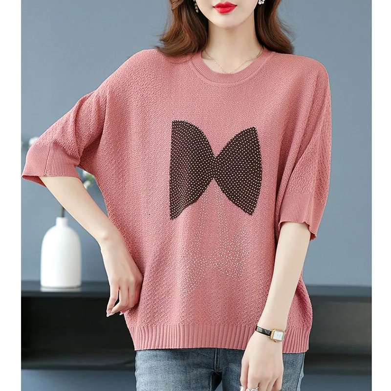 2023 Spring and Summer Women's Thin Fashion Thread Round Neck Hot Diamond Print Loose Relaxed Oversize Three Quarter Bat Knit