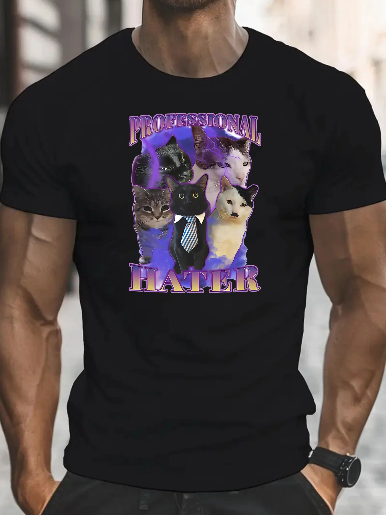 Professional Hater Funny Cat Emoji T-Shirt, Unisex, Ugly Cat T-Shirt, Stupid Gifts, Summer, Everyday Casual, Crew Neck Short Sleeves, Fashion Men's Clothing