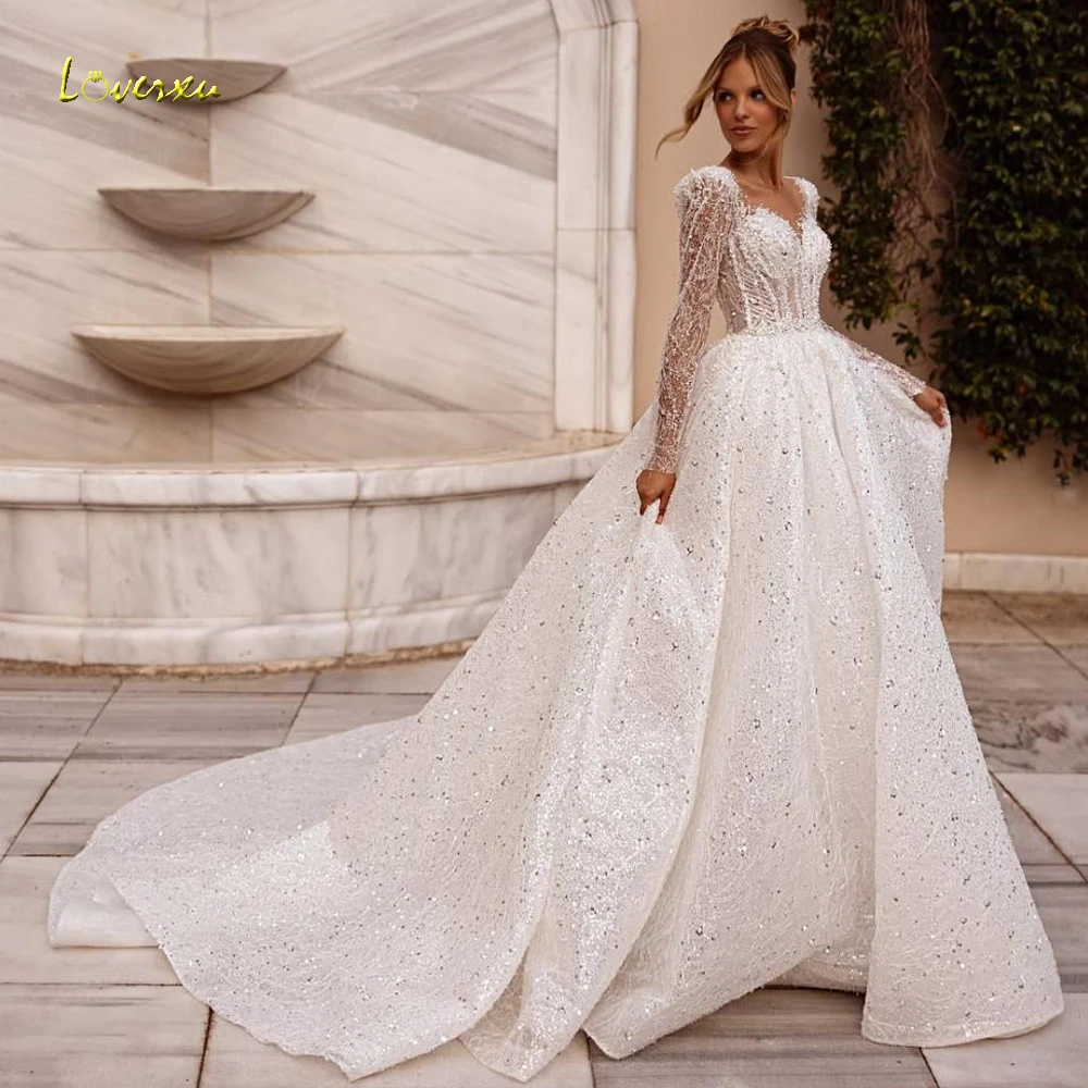 

Loverxu A-Line Exquisite Wedding Dresses For Women Scalloped Vestido De Novia Lace Beaded Sequined Custom Made Bridal Gowns