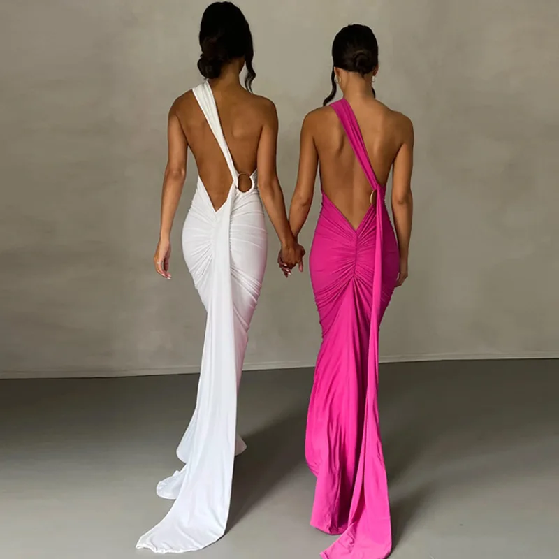 

Sexy Sleeveless Backless Halter Long Dresses for Women 2023 Summer Autumn Solid Slim Ruched Elegant Party Evening Dress Woman