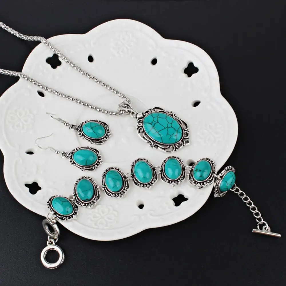 Necklace Earrings Flower 4Pcs/Set Vintage Faux Turquoise Pendant Hook Bracelet