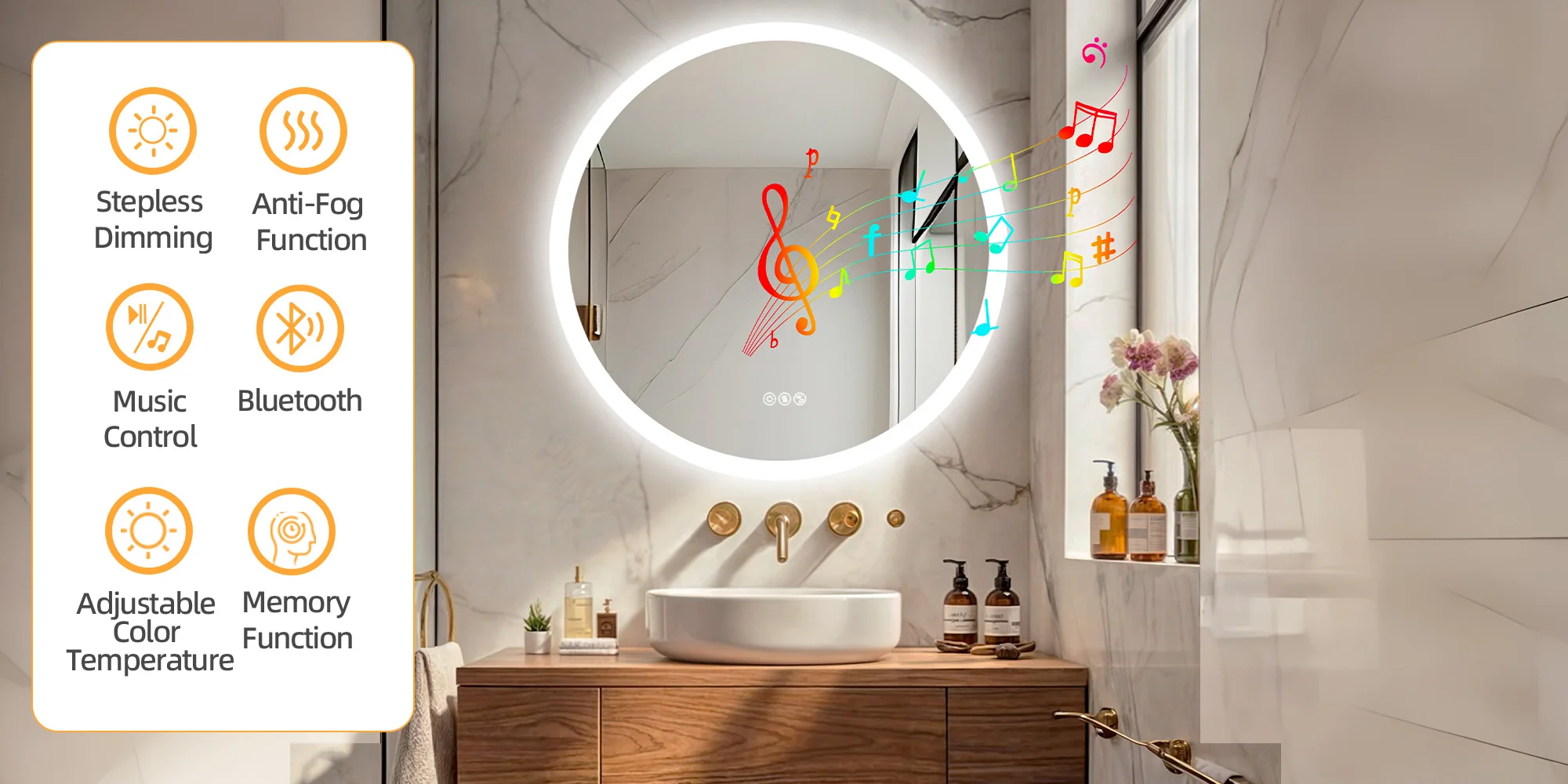 Round Bathroom Mirror 800x800mm with Bluetooth Wall Illuminated LED Vanity Mirror, Anti-Fog, Three Color Light, Memory Function