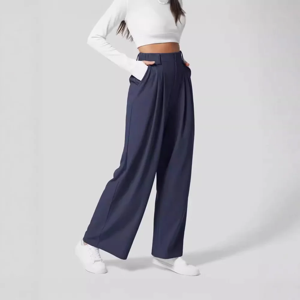 Women's solid color pocket straight leg loose elastic yoga pants; street style elastic wide leg pants; sports leisure