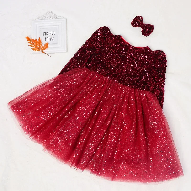 Red Sequins Christmas Dress for Girls Kids Winter 2024 New Long Sleeve Clothes Princess Children Birthday Party New Year Costume