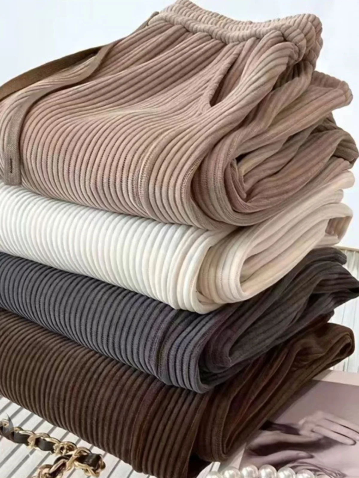 Calças de perna larga finas femininas outono inverno thiened fce casual calças de perna reta calças compridas cintura alta nove pontos