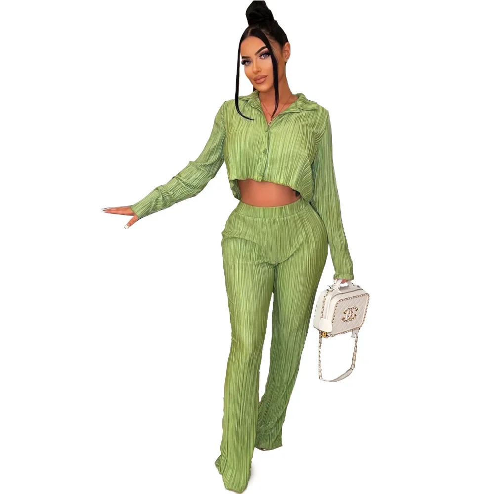 Women Pants Sets Two Pieces Set Single Breasted Blouses Wide Leg Pants Full Length Tracksuit Loose Fit Casual Folds Pockets