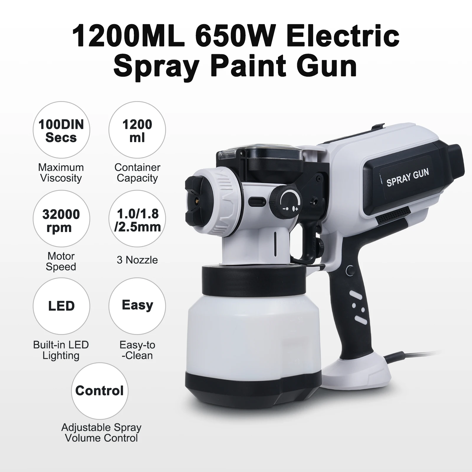 

BLS-59 Paint Sprayer Spray Volume Control Electric Spray Paint Gun 1200ML 650W With LED Light 3 Replaceable Nozzle 1.0 1.8 2.5mm