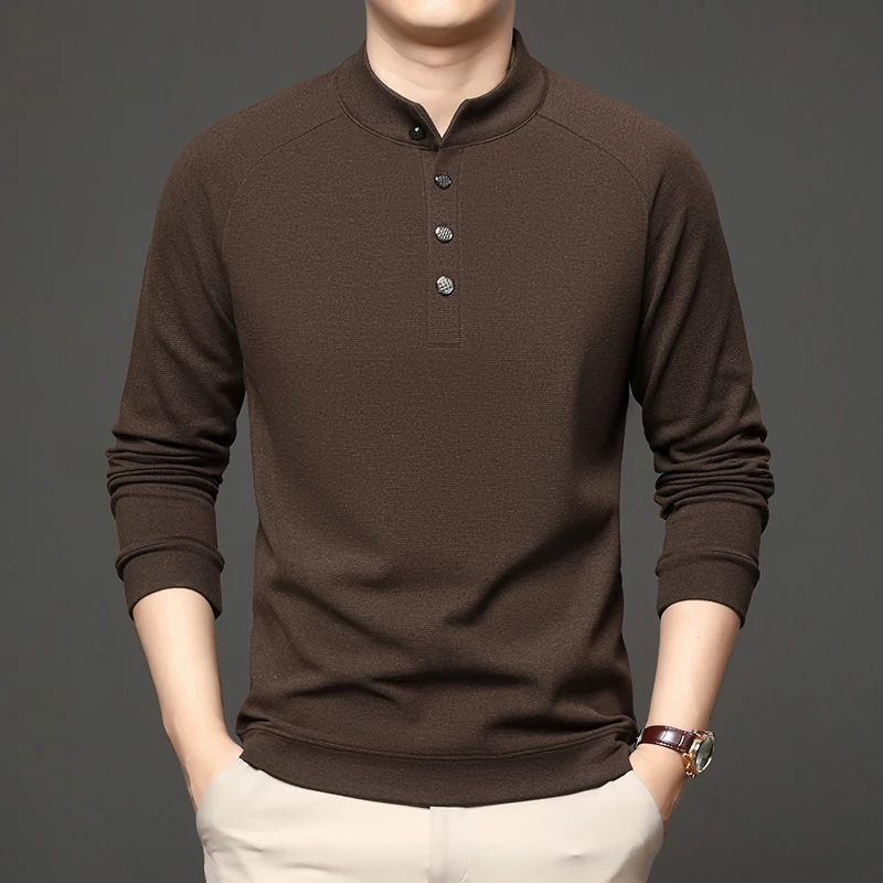 2025 가을 겨울 남성용 중국 스타일 스탠딩 칼라 후드티 신형 헨리 칼라 긴팔 티셔츠 다용도 베이스 셔츠