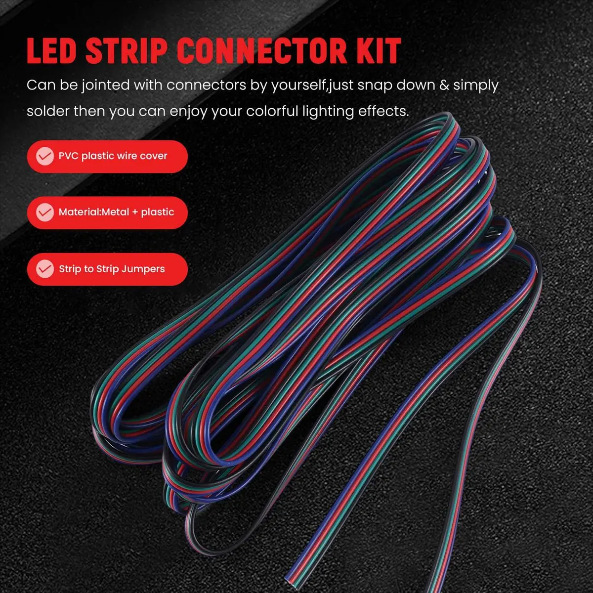 DT17 16.4FT 5M 4-Pin RGB LED Strip Extension Cable Connectors Kit for 5050 Flexible LED Strip Light DIY Project