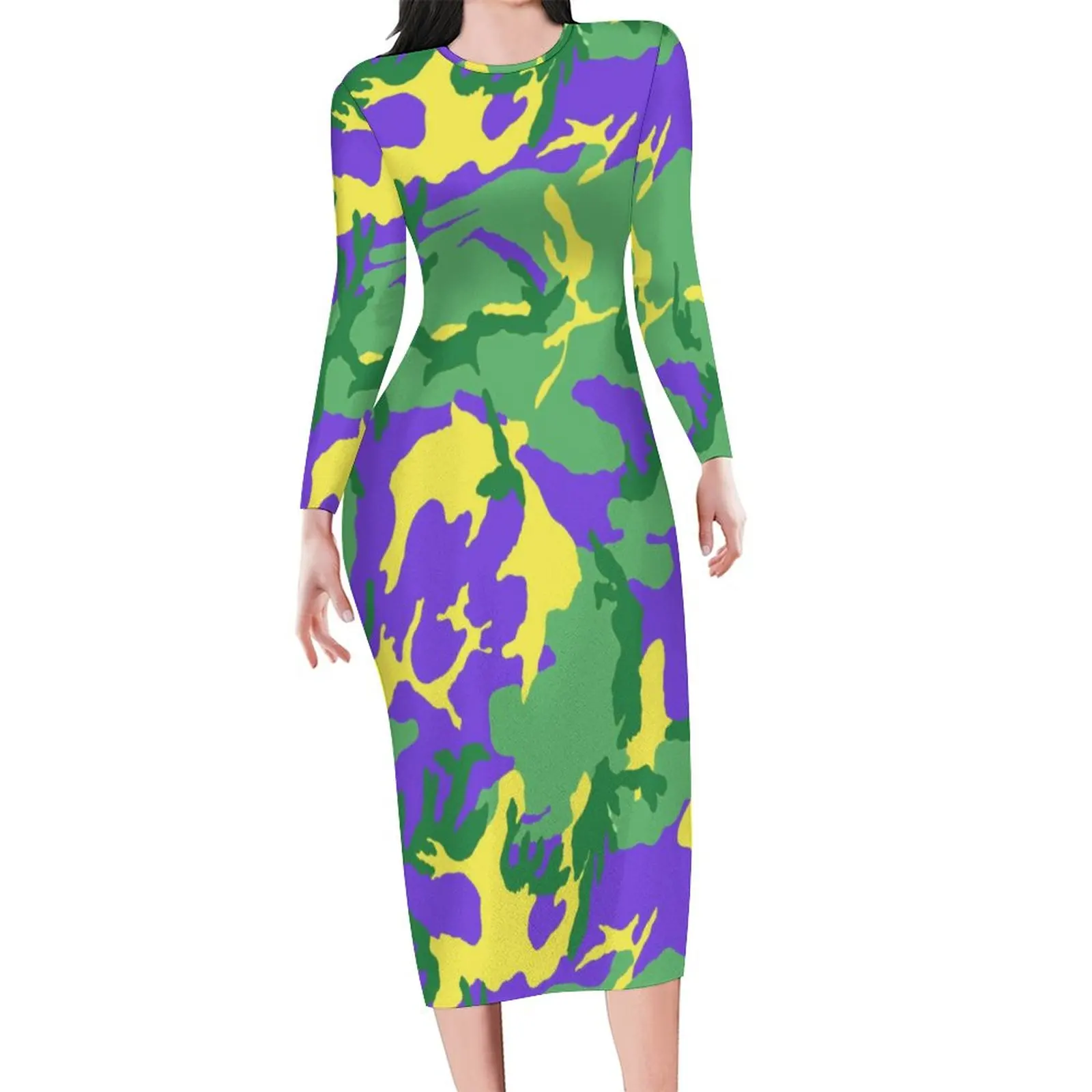 Mardi Gras Camo Dress Long Sleeve Colorful Camouflage Streetwear Dresses Spring Kawaii Bodycon Dress Pattern Oversized Clothing