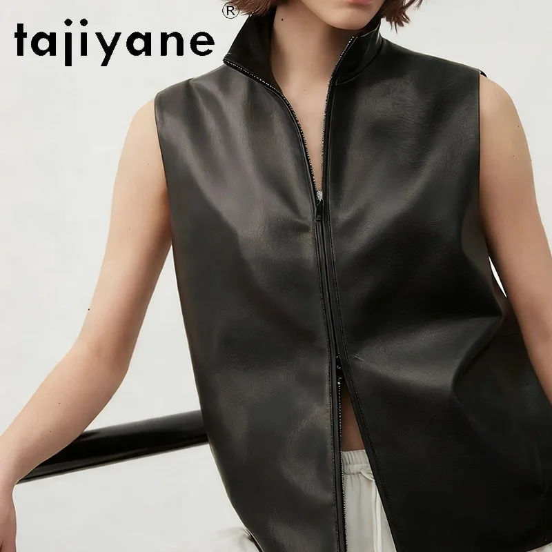TAJIYANE 100% Sheepskin Genuine Leather Jacket Women Black Waistcoat Stand Collar Oversized Jackets Double Zipper Veste Femme