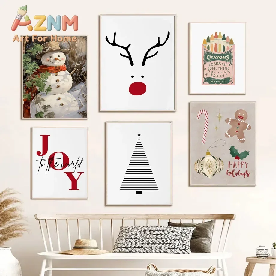 French Minimalist Winter Christmas Canvas Print Snowman, Reindeer, Gingerbread Man Gift Art Poster Modern Fashion Home Decor