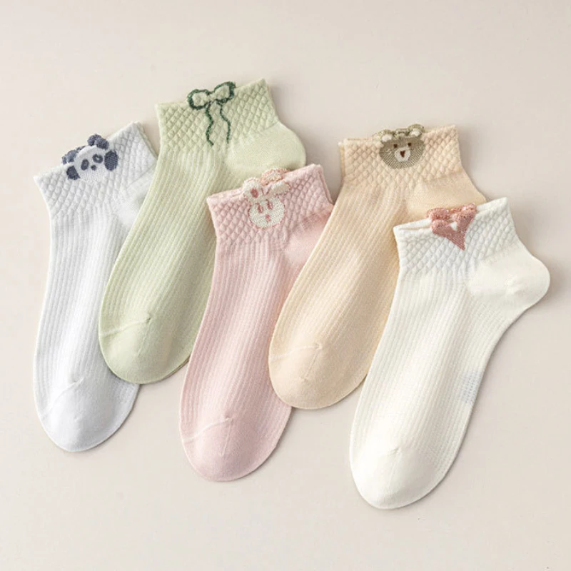 Dreamlikelin 5 paires de chaussettes courtes pour femmes, printemps-été, mignonnes, imprimées de dessins animés d'animaux, lapin, ours, panda, chaussettes fines pour filles