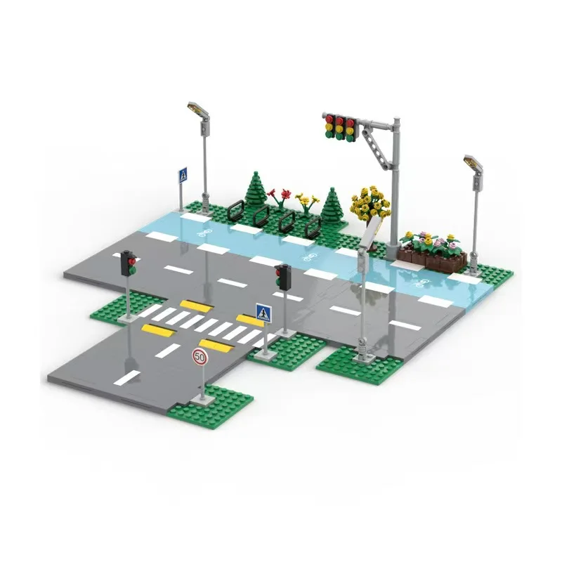 

MOC City Series Дорожные строительные блоки DIY Игрушки Городская группа Дорожная опорная плита Вид на улицу Шоссе Дорожная доска Знак Маленькие частицы