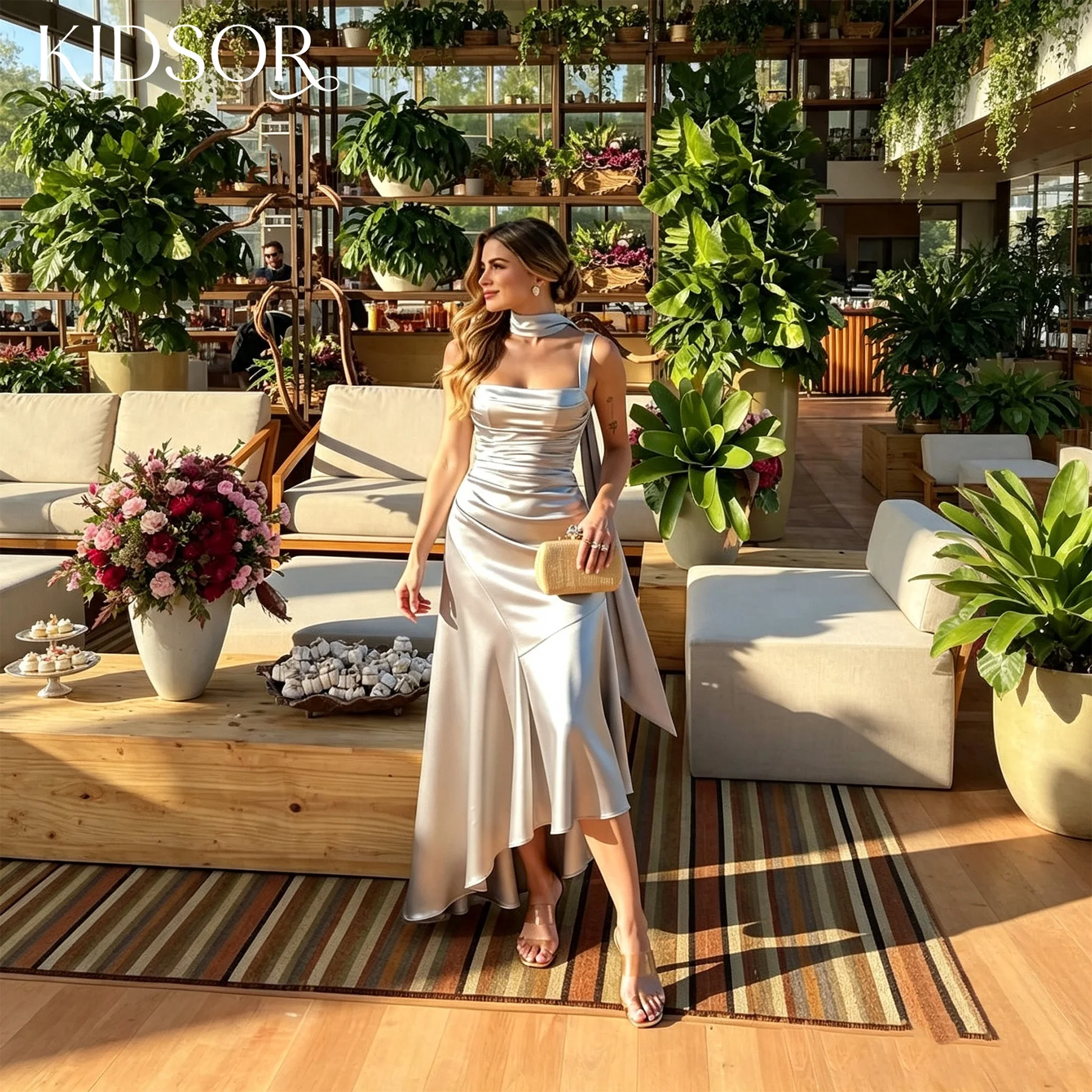 KIDSOR Asymmetrical Satin Cocktail Dresses 2026 Square Neck Ruched Formal Dress with Scarf High Low Elegant Evening Gown S09