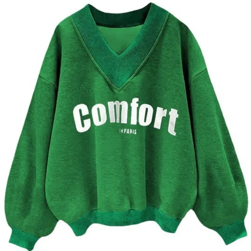 Sudadera con capucha multicolor para mujer, Top informal holgado y versátil con cuello en V, edición coreana, moda europea y americana, otoño 2025