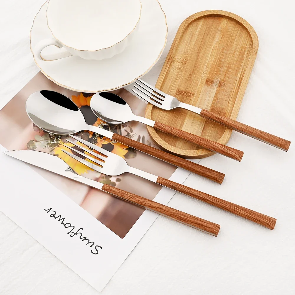 30Pcs Brown Silver Tableware Imitation Wood Handle Cutlery Set Knife Dessert Fork Spoon Dinnerware Set Stainless Steel Flatware