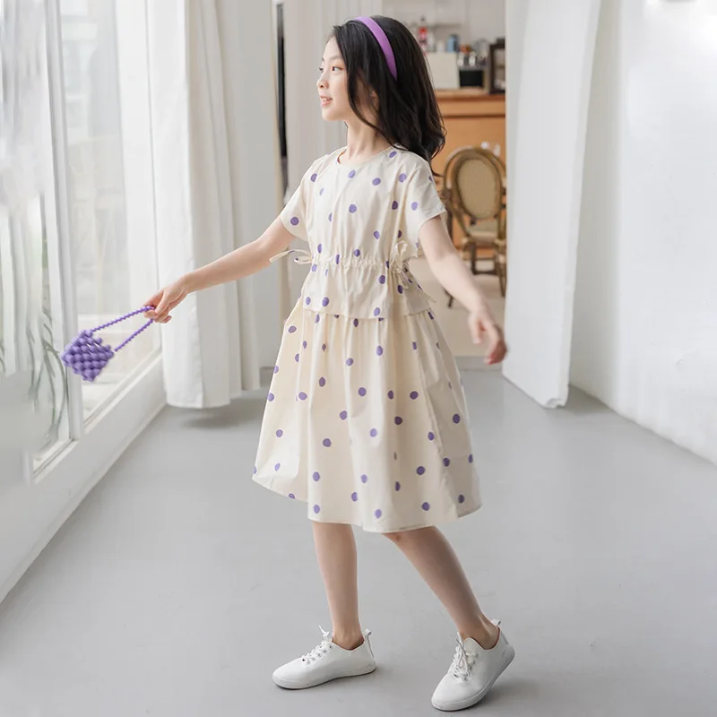 

2024 Korean Summer Children Girl One-piece Dress Teenager Girl Wave Point Drawstring Waistband Dress School Girl Casual Dress