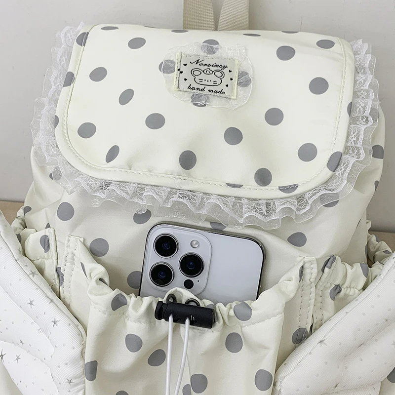 Angel Wings Polka Dot Studenten-Rucksack mit Kordelzug, koreanische süße süße Schultasche aus Nylon, leichte, lässige, geräumige Reisetasche – Detail 4