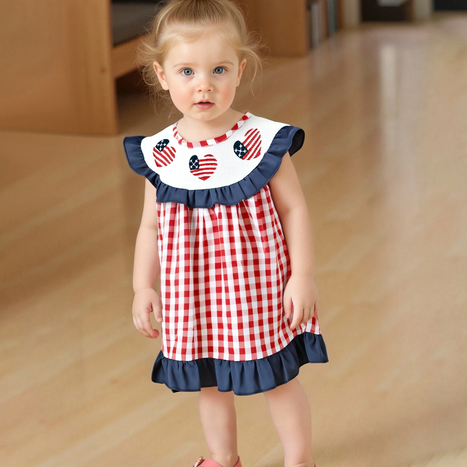 

Toddler Girl Clothes 4th of July Dress Plaid Print Sleeveless Ruffled Round Neck A-Line Dress for Summer