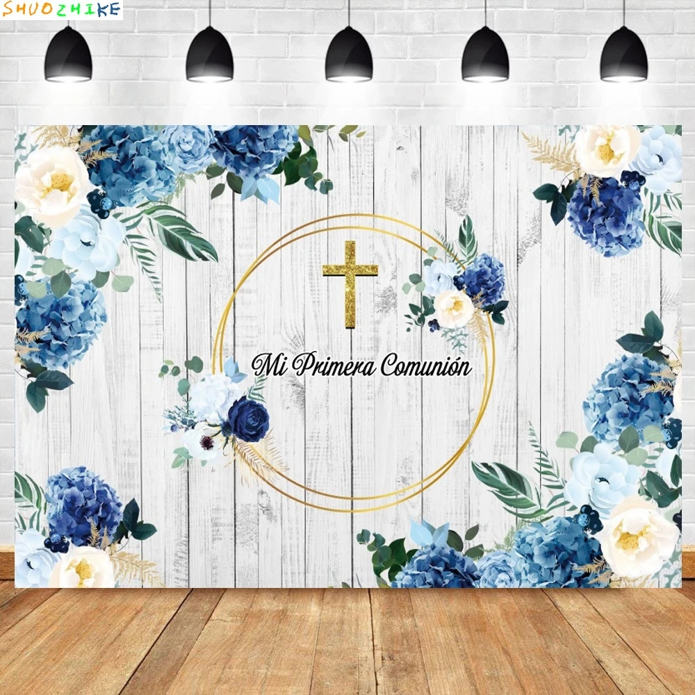 Tuhan memberkati Komuni Pertama saya bayi Baptis papan kayu latar belakang dinding anak laki-laki perempuan salib emas bunga biru latar belakang fotografi