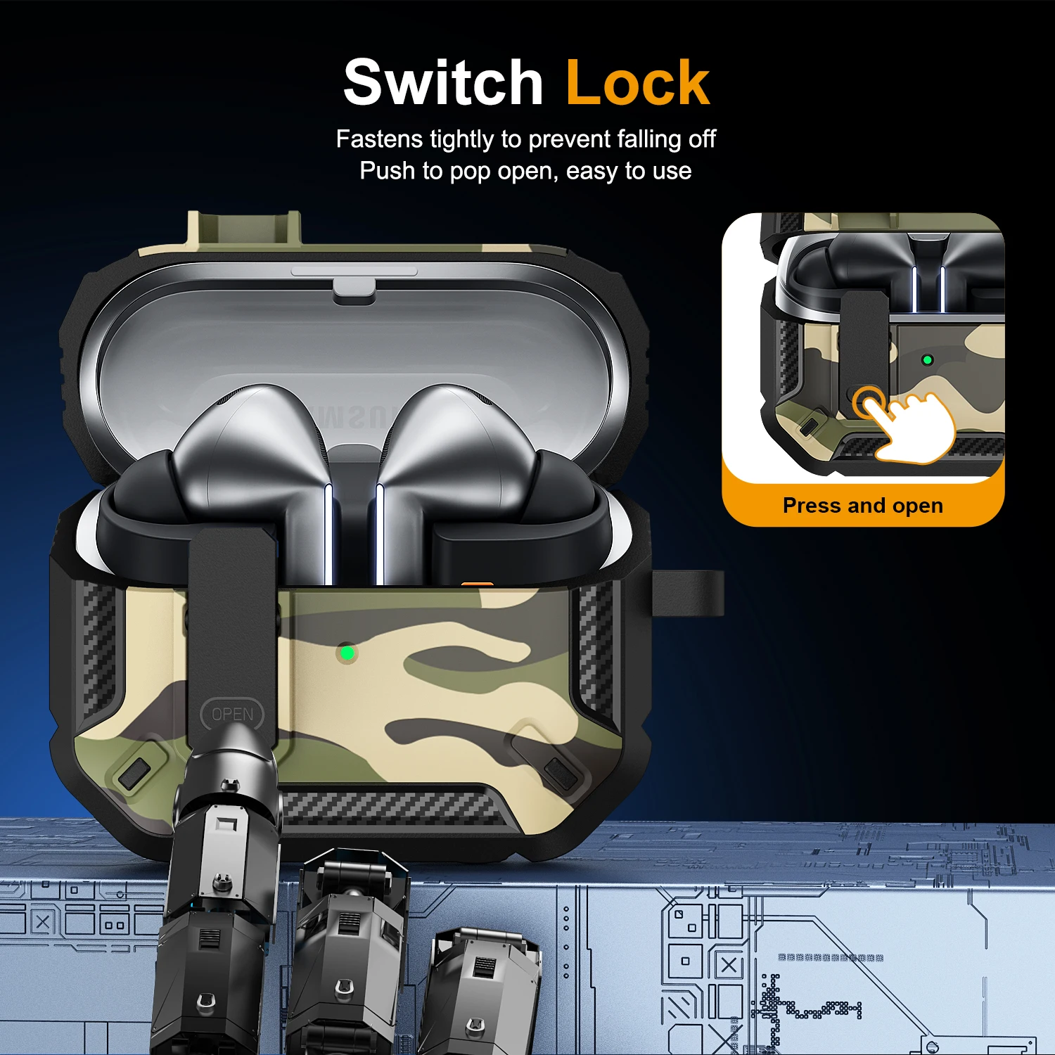 Stylish Camouflage Cover For Samsung Galaxy Buds 3 Pro Buds3 Pro Buzz 3 Pro Case With Lock Rugged Shell Armor Shockproof Sleeve