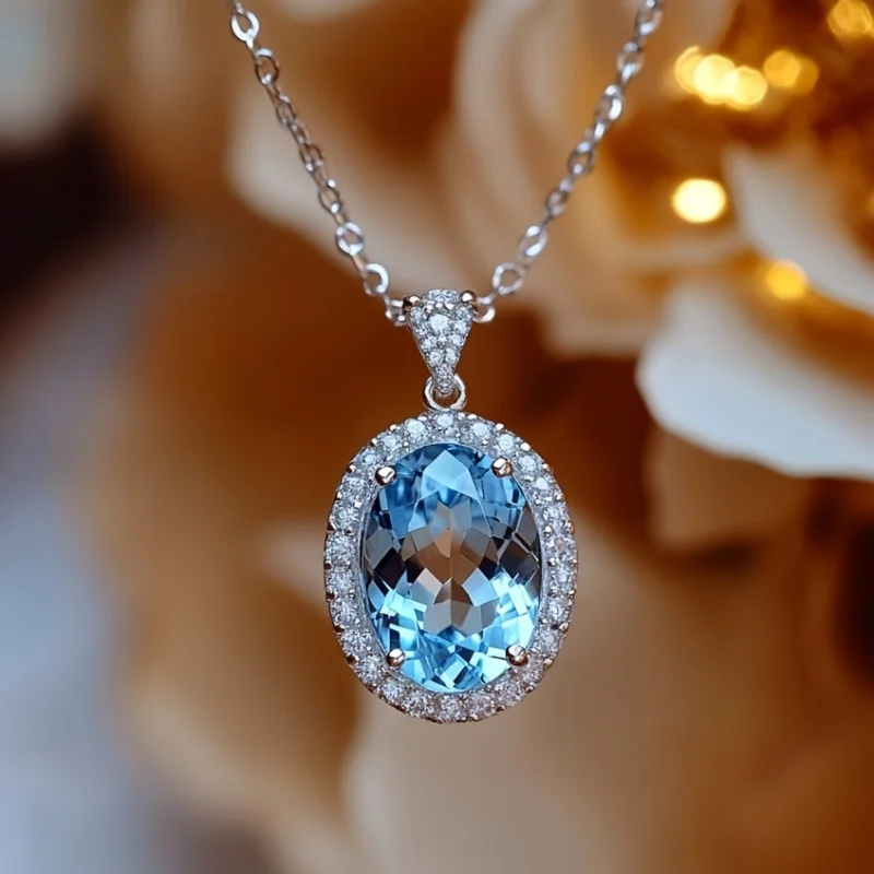 

Best Selling 925 silver jewelry natural crystal pendant necklace main stone 8X10MM egg-shaped natural sky blue topaz pendant